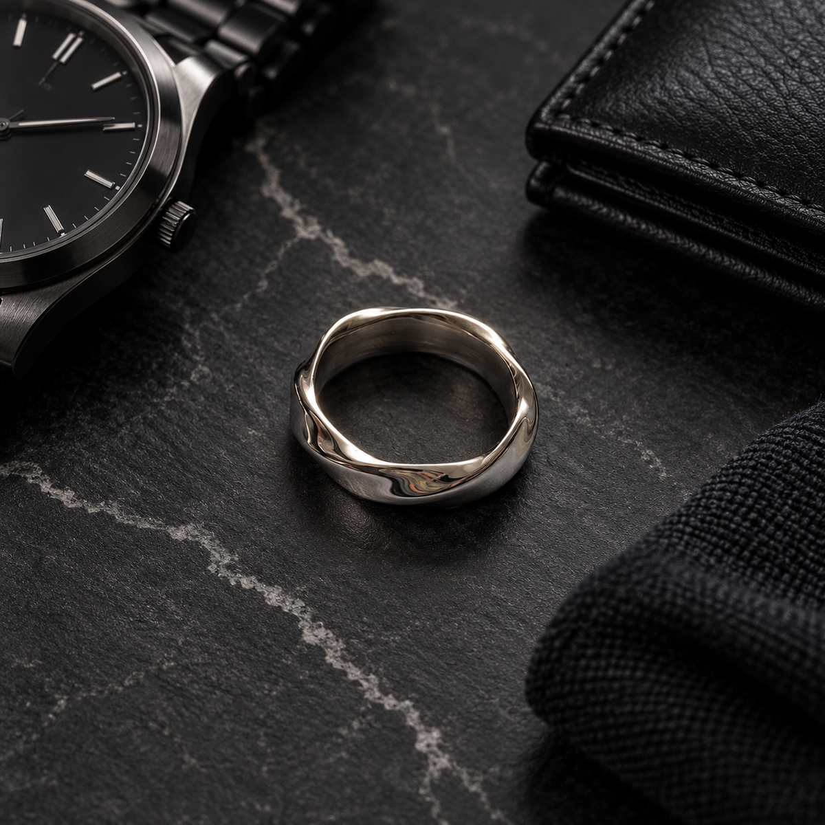 Fluid Wave Silver Finish Stainless Steel Ring for Men