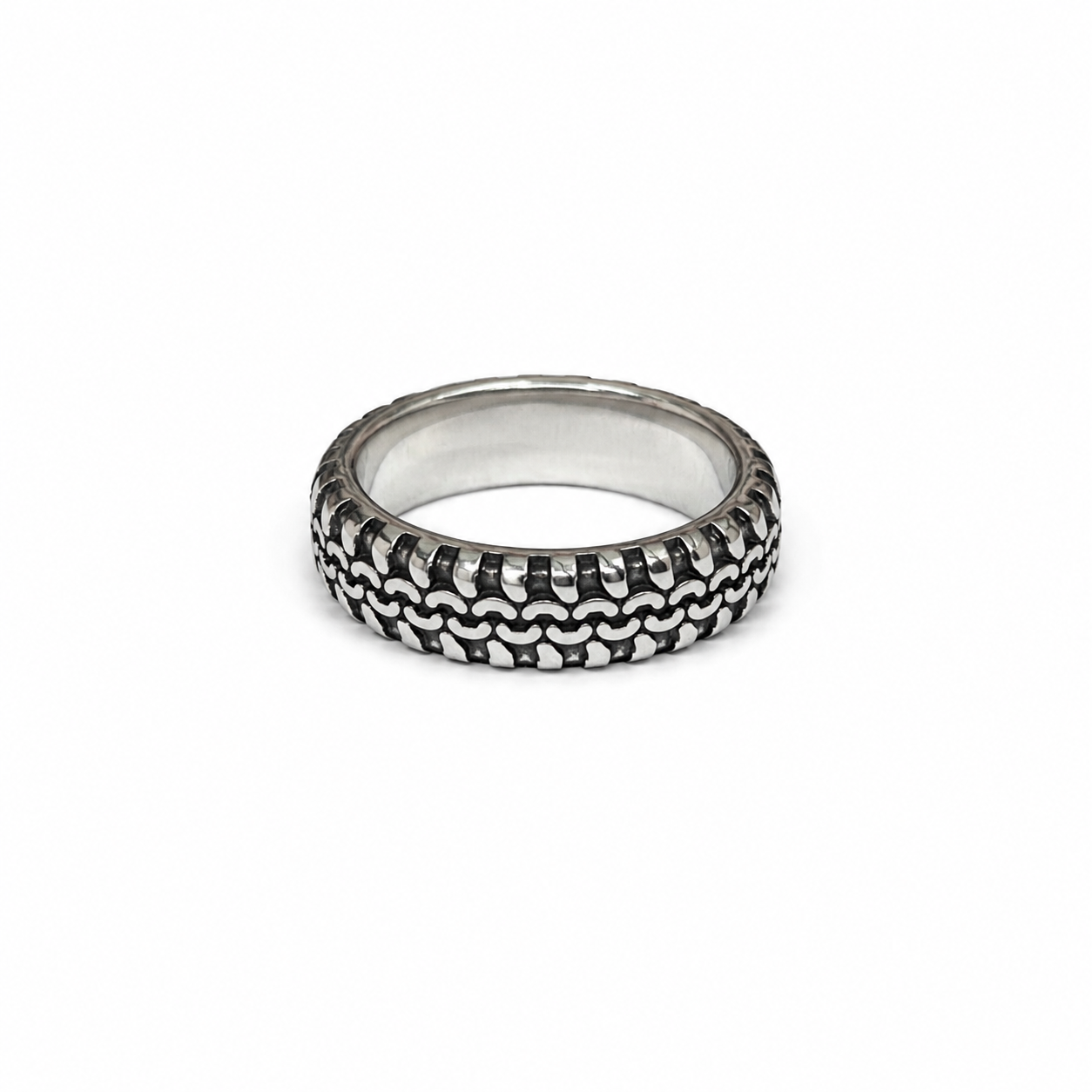 Tire Track Stainless Steel Ring – Silver Finish