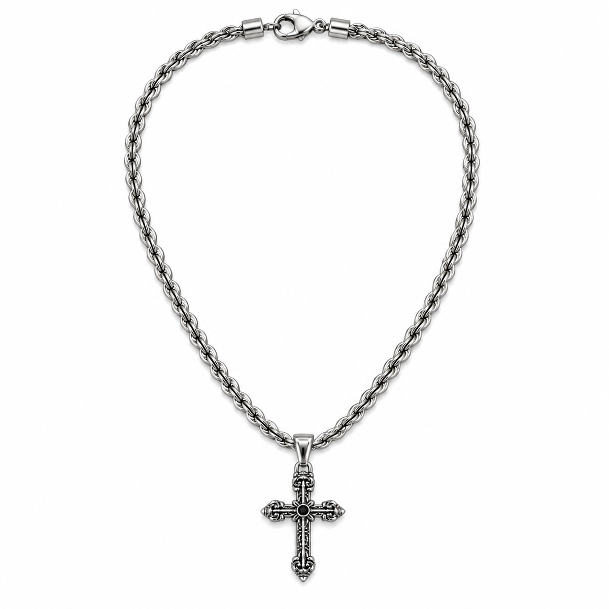Gothic Fleur-de-Lis Cross Pendant with Black Stone, Stainless Steal Rope Chain Necklace for Men