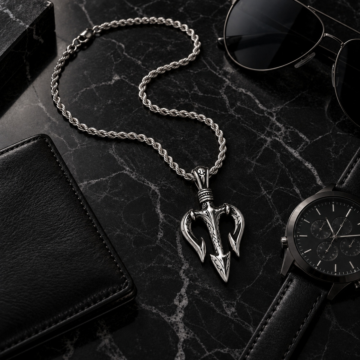 Trident Pendant Necklace for Men - Stainless Steel Poseidon Spear Pendant with Rope Chain
