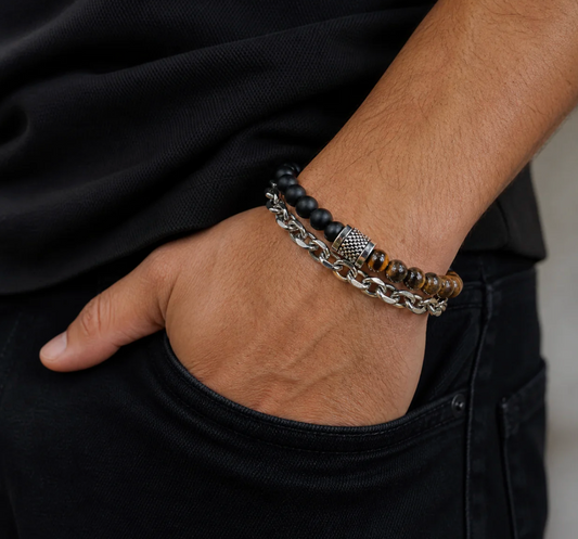 Tiger Eye & Black Bead Chain Bracelet for Men