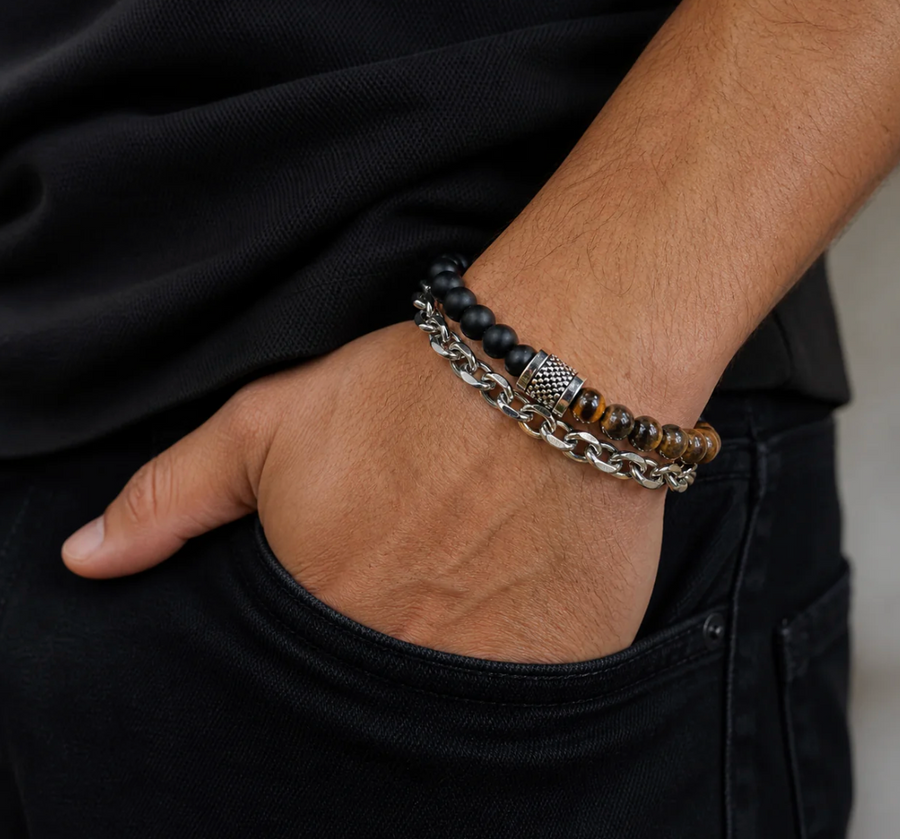 Tiger Eye & Black Bead Chain Bracelet for Men