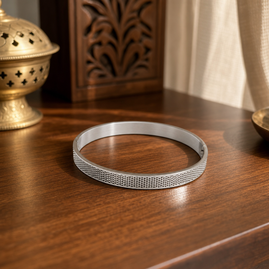 Textured Steel Cuff Bracelet – Silver Finish (Unisex)