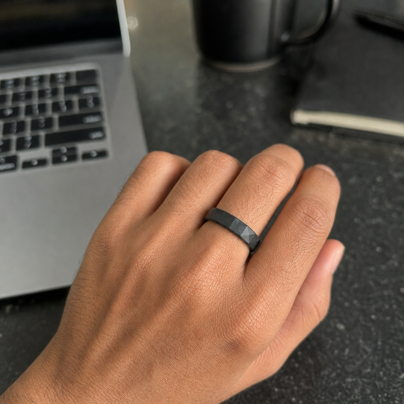 Faceted Black Tungsten Carbide Ring for Men