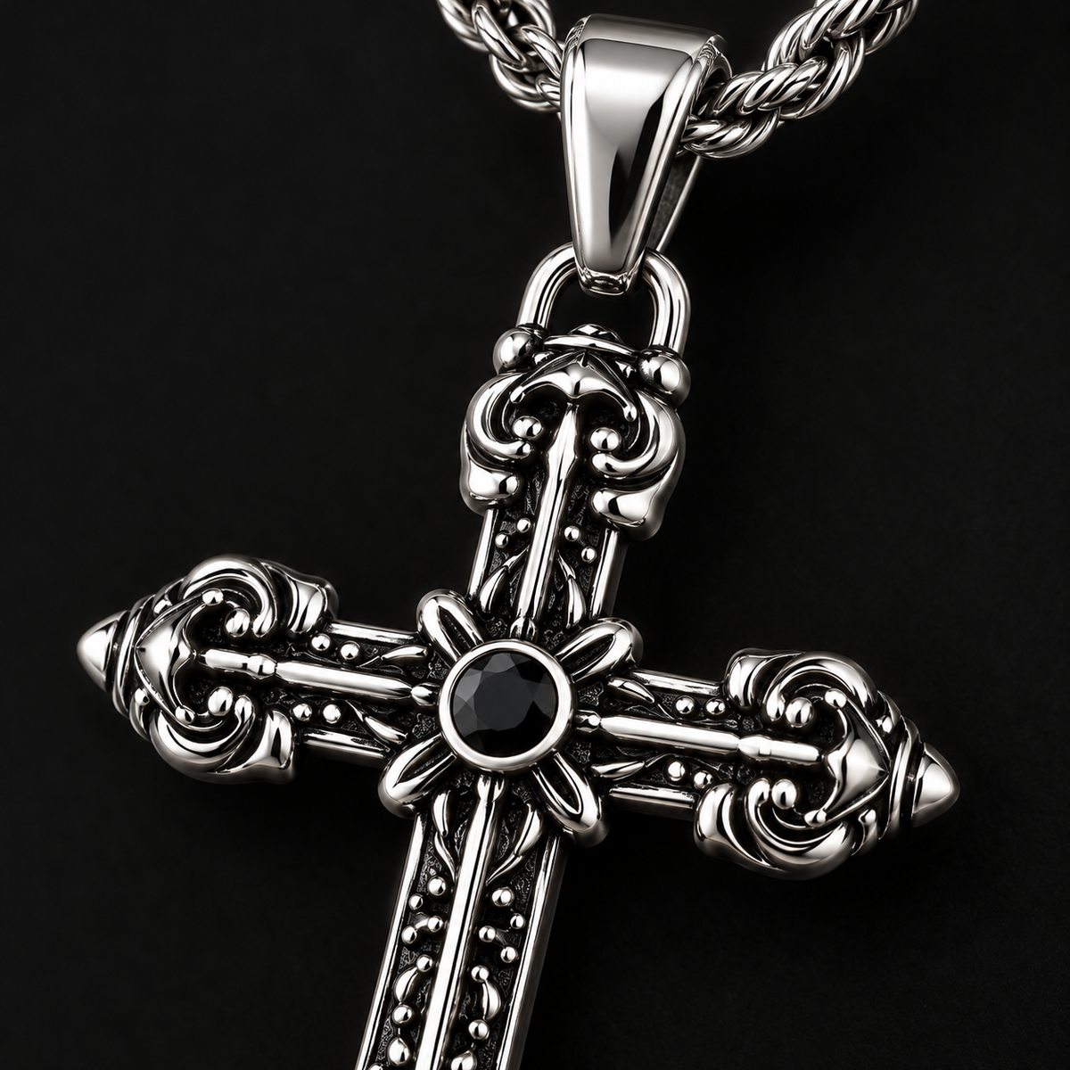 Gothic Fleur-de-Lis Cross Pendant with Black Stone, Stainless Steal Rope Chain Necklace for Men