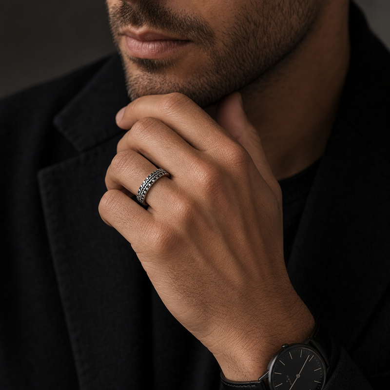 Tire Track Stainless Steel Ring – Silver Finish