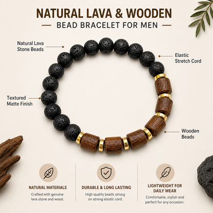 Natural Lava Bead & Wooden Bracelet for Men