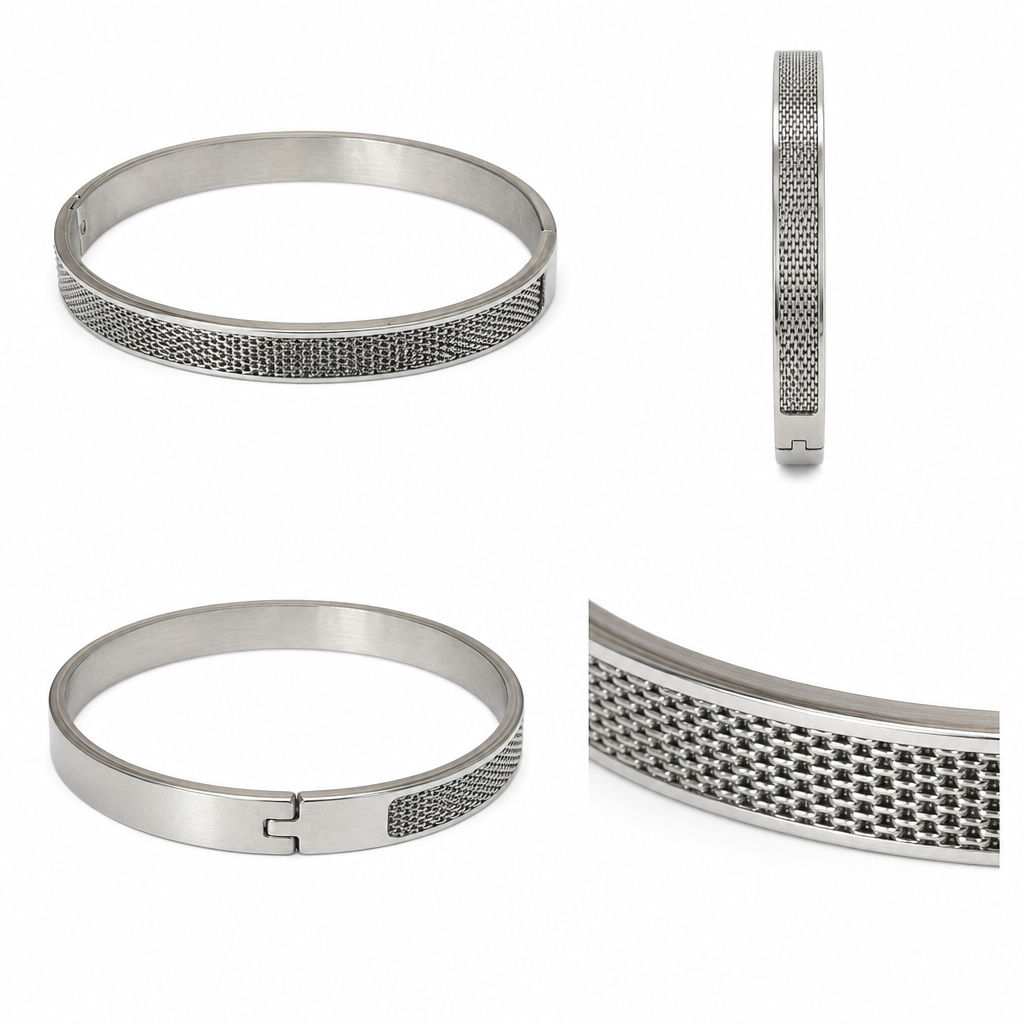 Textured Steel Cuff Bracelet – Silver Finish (Unisex)