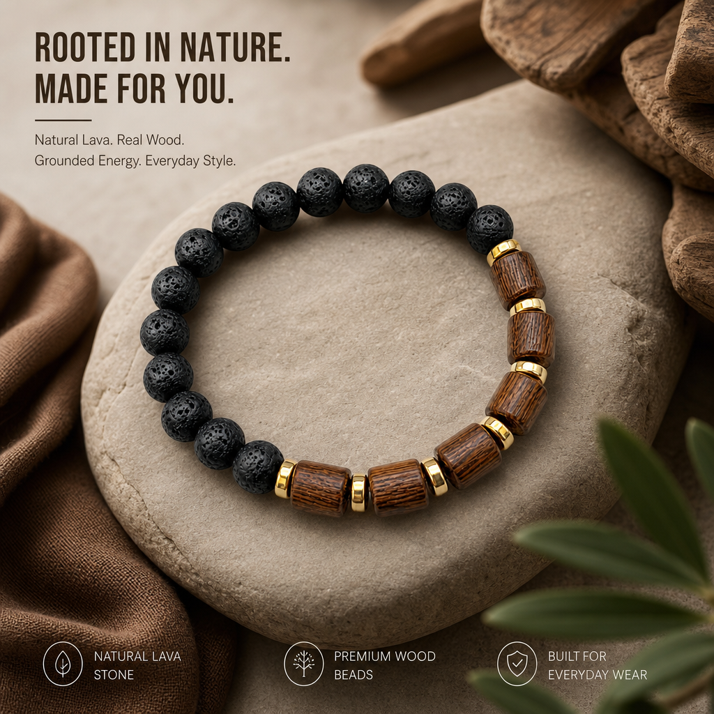 Natural Lava Bead & Wooden Bracelet for Men