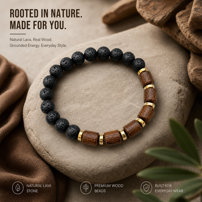 Natural Lava Bead & Wooden Bracelet for Men
