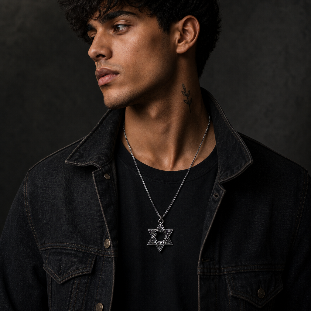 Silver HexaStar Stainless Steel Pendant Necklace for Men