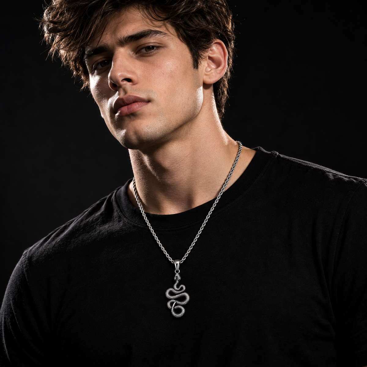Silver Stainless Steal Snake Pendant Necklace for Men – Antique Serpent Pendant with Rope Chain