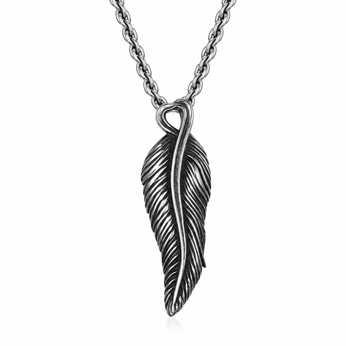 Stainless Steel Feather Pendant Necklace for Men – Antique Silver Quill Pendant on Cable Chain