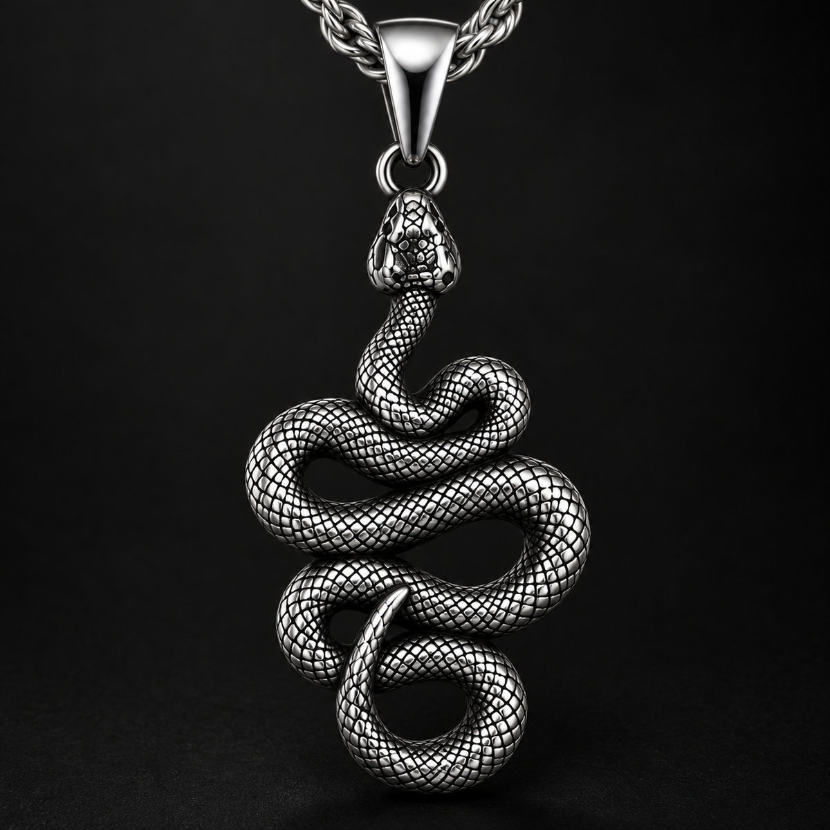 Silver Stainless Steal Snake Pendant Necklace for Men – Antique Serpent Pendant with Rope Chain