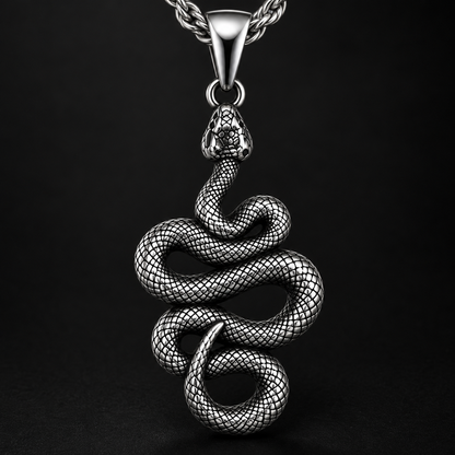 Silver Stainless Steal Snake Pendant Necklace for Men – Antique Serpent Pendant with Rope Chain