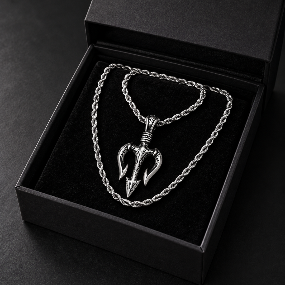 Trident Pendant Necklace for Men - Stainless Steel Poseidon Spear Pendant with Rope Chain
