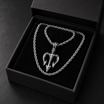 Trident Pendant Necklace for Men - Stainless Steel Poseidon Spear Pendant with Rope Chain