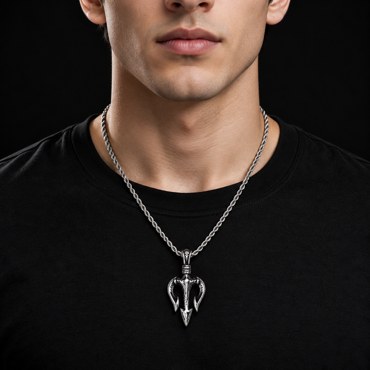 Trident Pendant Necklace for Men - Stainless Steel Poseidon Spear Pendant with Rope Chain