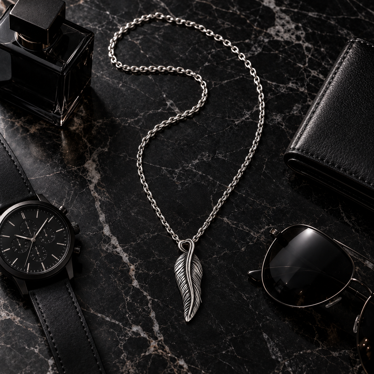 Stainless Steel Feather Pendant Necklace for Men – Antique Silver Quill Pendant on Cable Chain