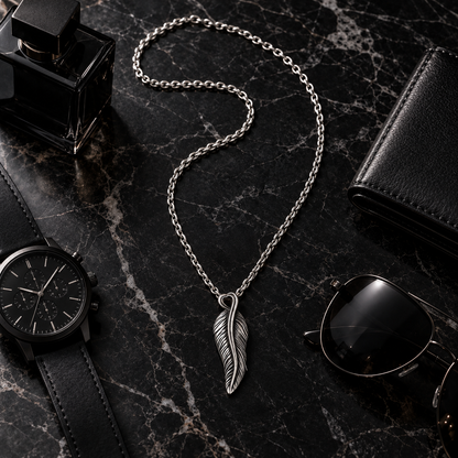 Stainless Steel Feather Pendant Necklace for Men – Antique Silver Quill Pendant on Cable Chain