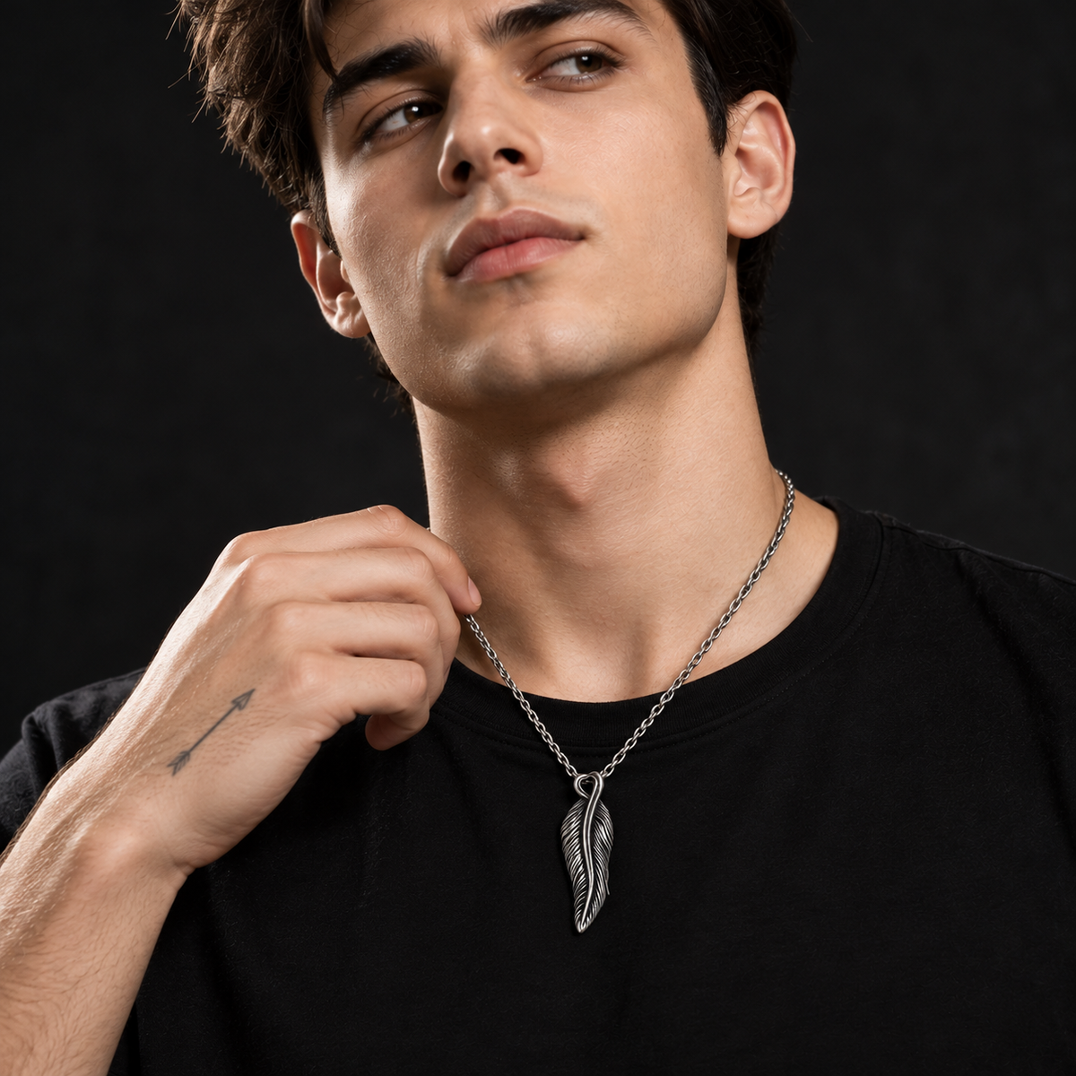 Stainless Steel Feather Pendant Necklace for Men – Antique Silver Quill Pendant on Cable Chain