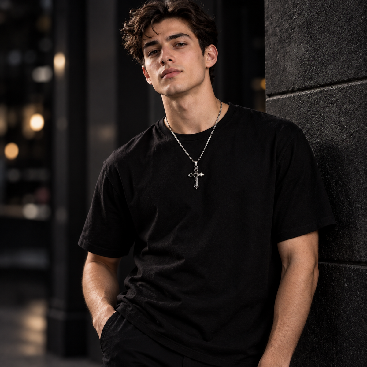 Gothic Fleur-de-Lis Cross Pendant with Black Stone, Stainless Steal Rope Chain Necklace for Men