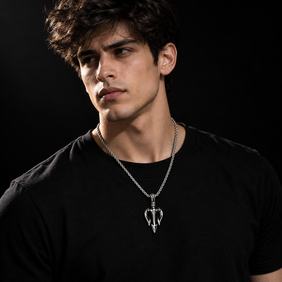 Trident Pendant Necklace for Men - Stainless Steel Poseidon Spear Pendant with Rope Chain