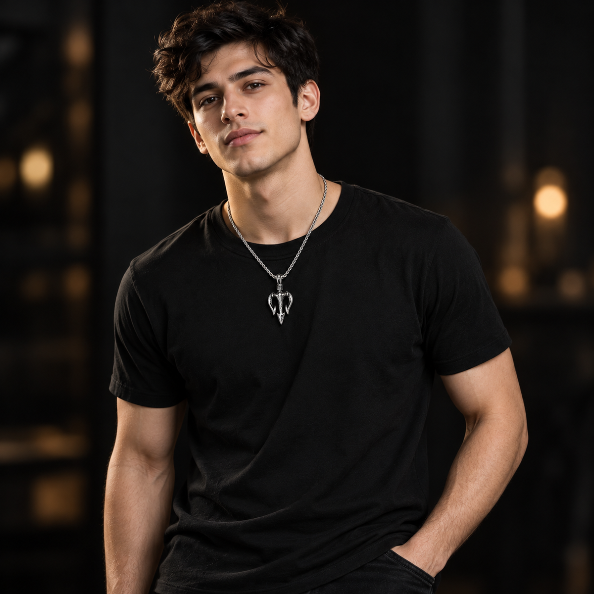 Trident Pendant Necklace for Men - Stainless Steel Poseidon Spear Pendant with Rope Chain