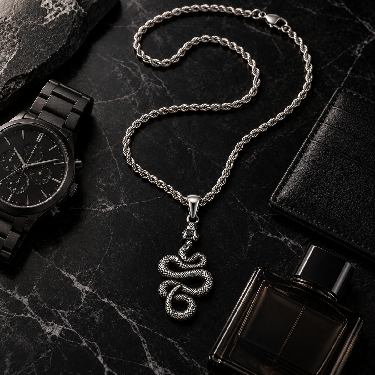 Silver Stainless Steal Snake Pendant Necklace for Men – Antique Serpent Pendant with Rope Chain