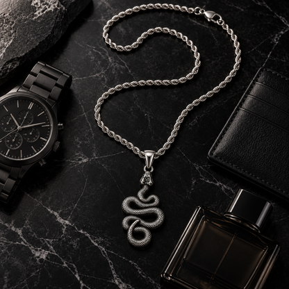 Silver Stainless Steal Snake Pendant Necklace for Men – Antique Serpent Pendant with Rope Chain
