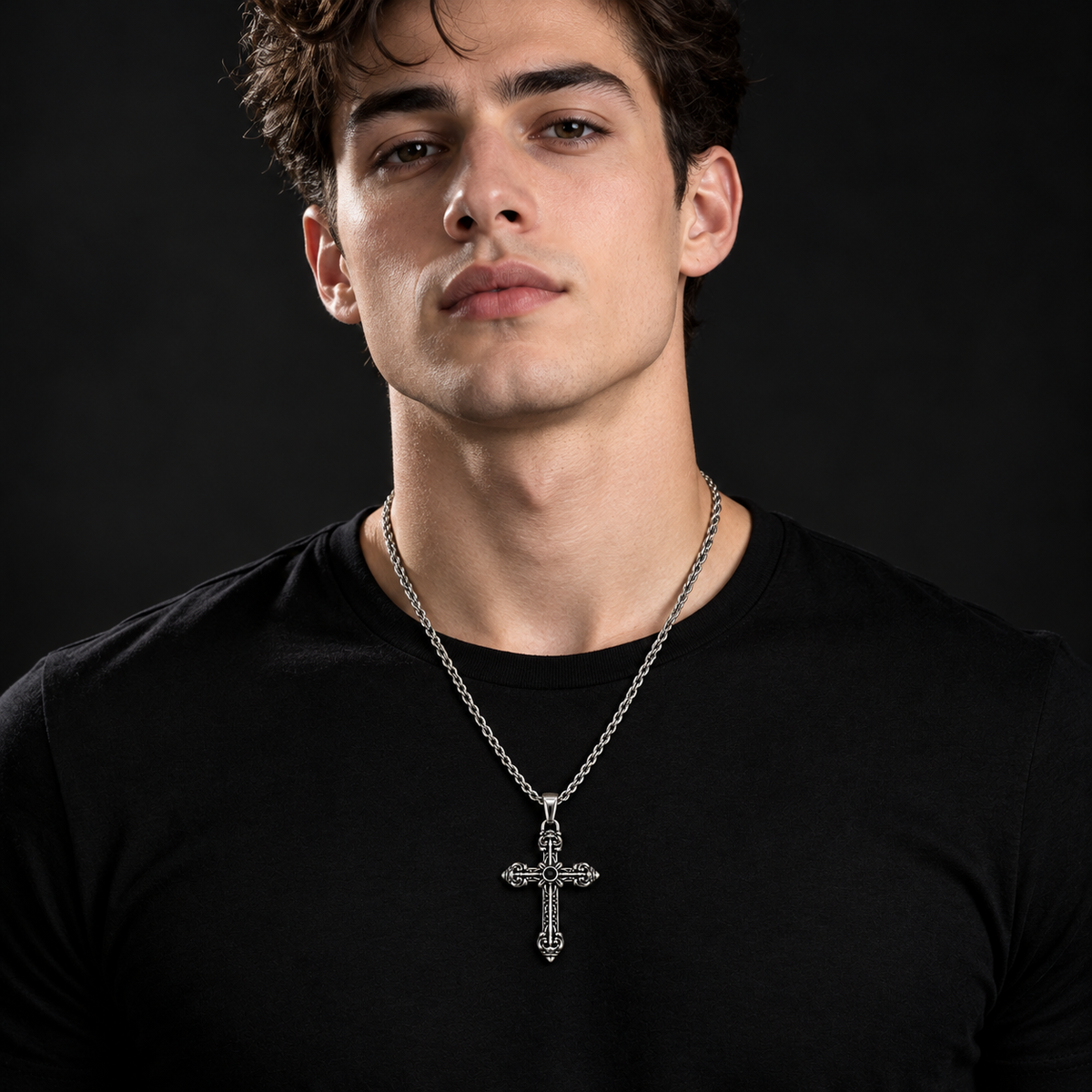 Gothic Fleur-de-Lis Cross Pendant with Black Stone, Stainless Steal Rope Chain Necklace for Men