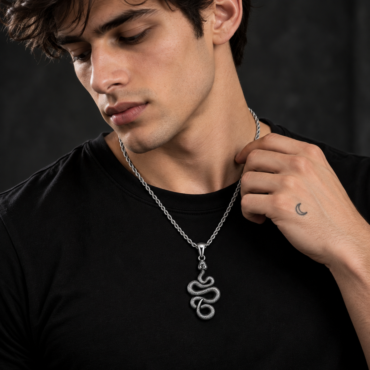 Silver Stainless Steal Snake Pendant Necklace for Men – Antique Serpent Pendant with Rope Chain