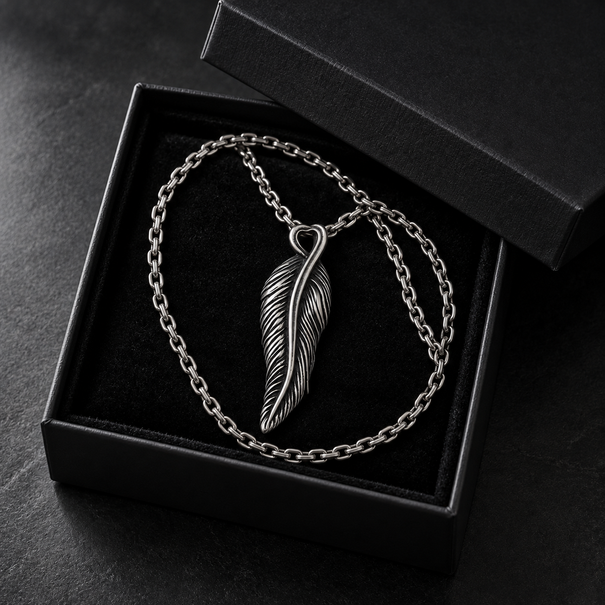 Stainless Steel Feather Pendant Necklace for Men – Antique Silver Quill Pendant on Cable Chain