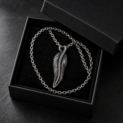Stainless Steel Feather Pendant Necklace for Men – Antique Silver Quill Pendant on Cable Chain