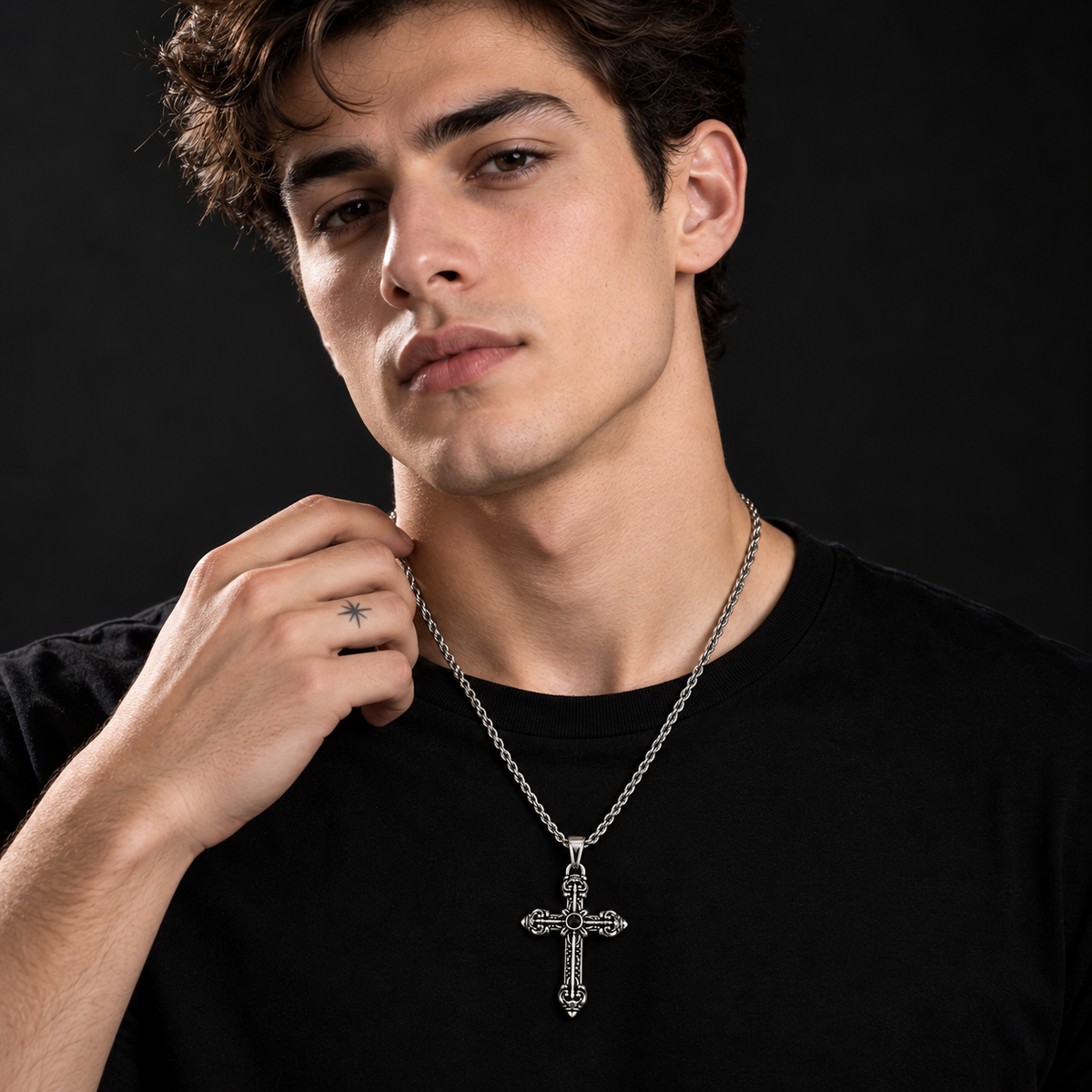 Gothic Fleur-de-Lis Cross Pendant with Black Stone, Stainless Steal Rope Chain Necklace for Men