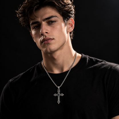 Gothic Fleur-de-Lis Cross Pendant with Black Stone, Stainless Steal Rope Chain Necklace for Men