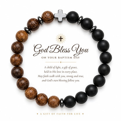 Guardian Cross Wooden & Matte Black Bead Bracelet for Men
