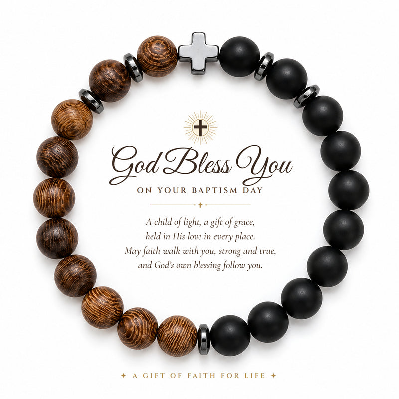 Guardian Cross Wooden & Matte Black Bead Bracelet for Men