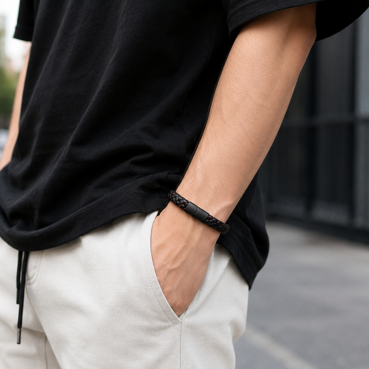 Crimson Weave Leatherite Bracelet for Men