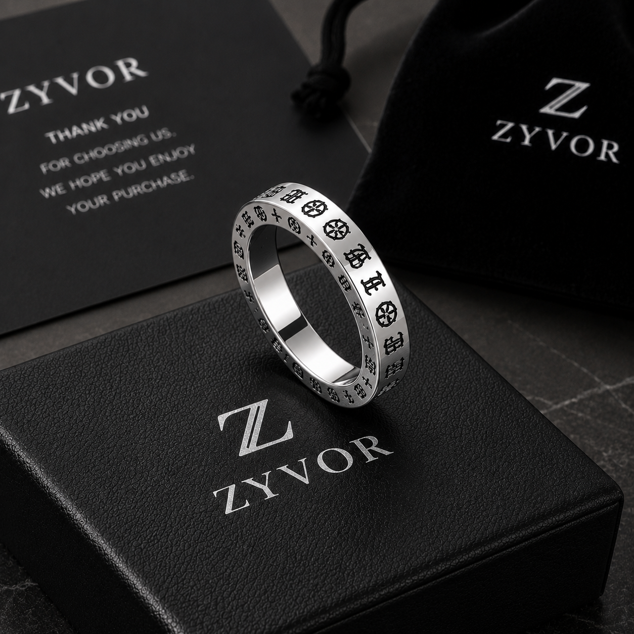 Chrome Gothic Engraved Stainless Steel Ring for Men | Premium Silver Band | Tarnish Resistant