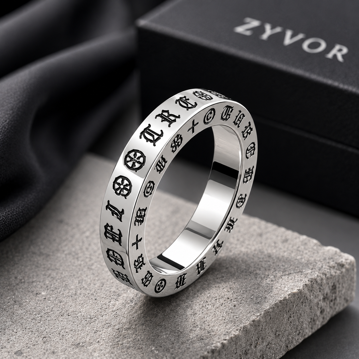Chrome Gothic Engraved Stainless Steel Ring for Men | Premium Silver Band | Tarnish Resistant