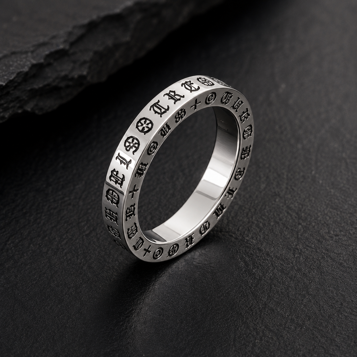 Chrome Gothic Engraved Stainless Steel Ring for Men | Premium Silver Band | Tarnish Resistant