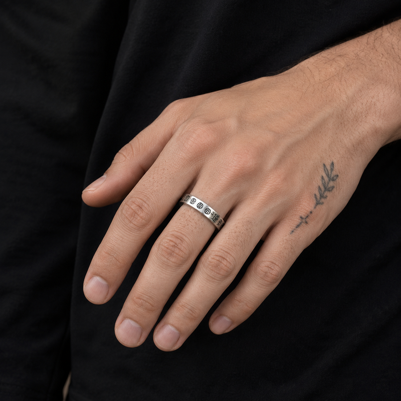 Chrome Gothic Engraved Stainless Steel Ring for Men | Premium Silver Band | Tarnish Resistant