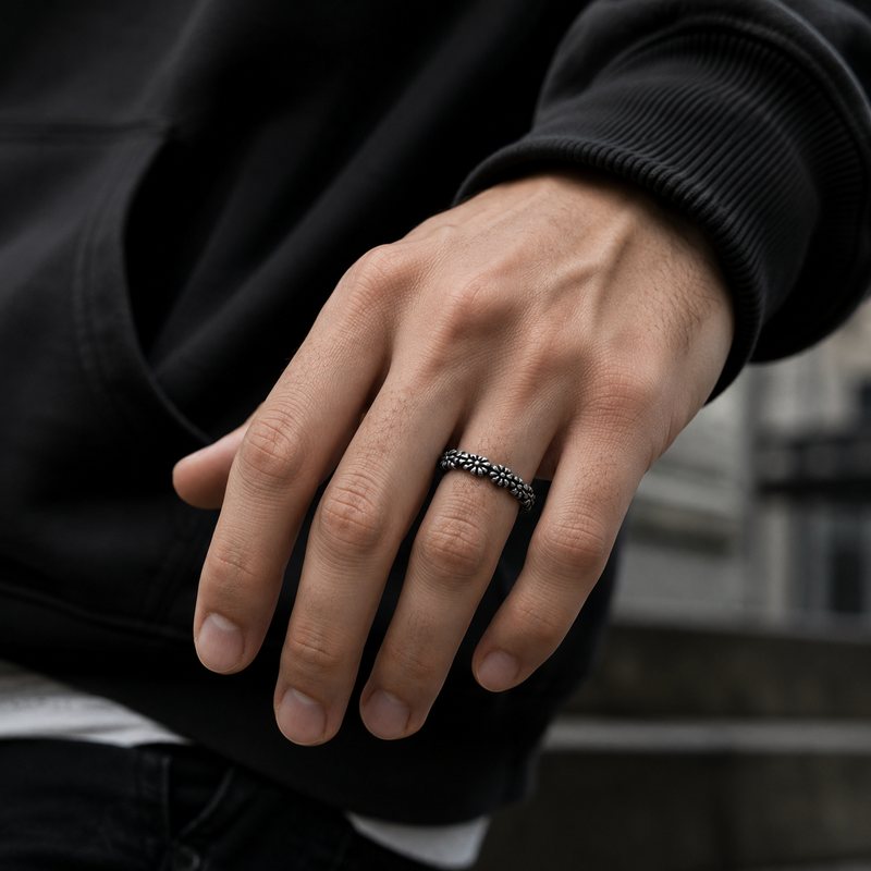 Eternal Bloom Stainless Steel Ring for Men | Oxidized Floral Band | Silver Finish