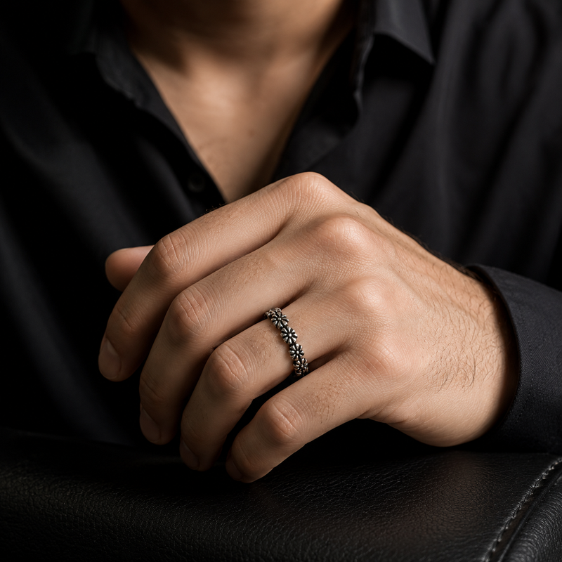 Eternal Bloom Stainless Steel Ring for Men | Oxidized Floral Band | Silver Finish