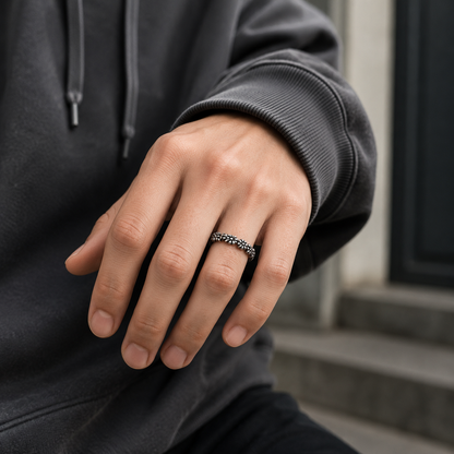 Eternal Bloom Stainless Steel Ring for Men | Oxidized Floral Band | Silver Finish