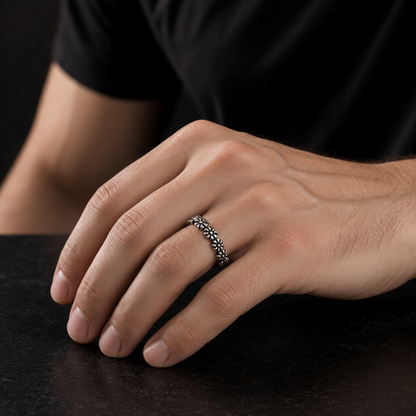 Eternal Bloom Stainless Steel Ring for Men | Oxidized Floral Band | Silver Finish