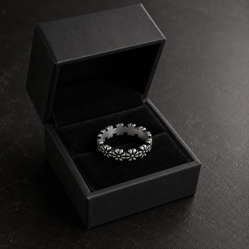 Eternal Bloom Stainless Steel Ring for Men | Oxidized Floral Band | Silver Finish