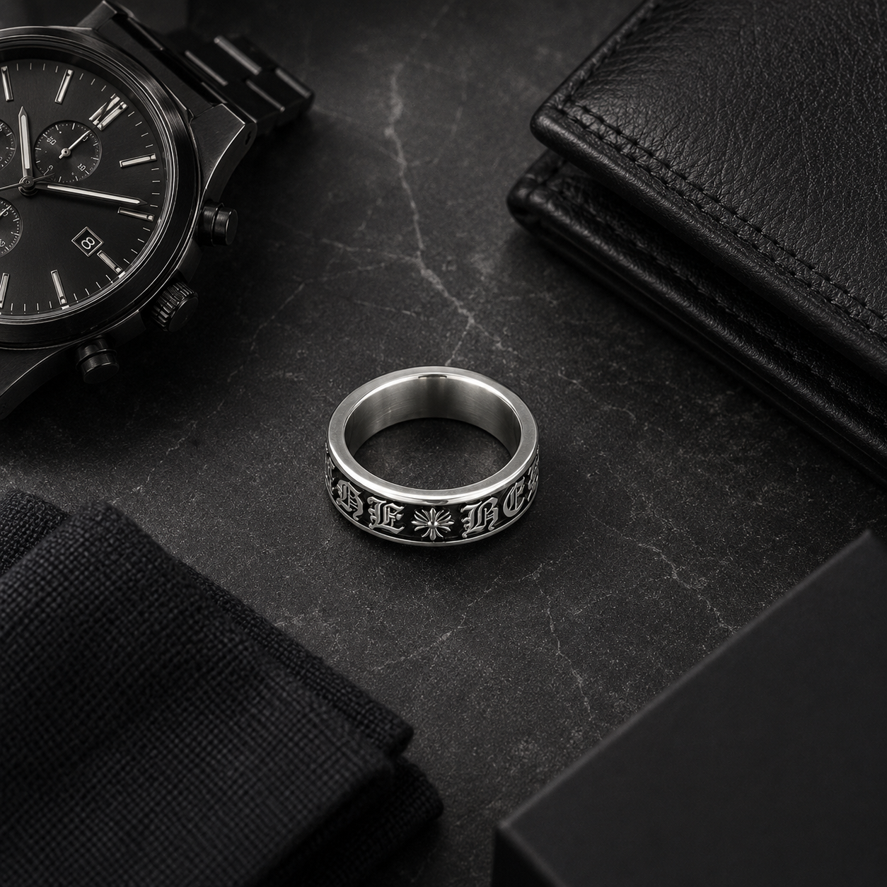Men's Gothic Engraved Stainless Steel Ring – Silver Vintage Band