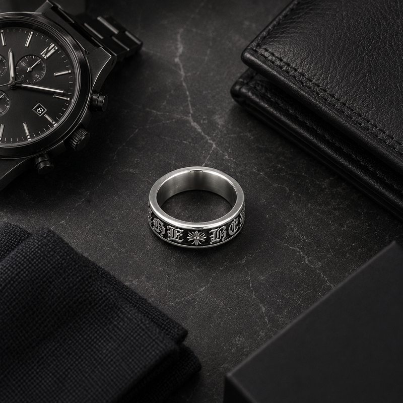 Men's Gothic Engraved Stainless Steel Ring – Silver Vintage Band